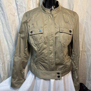Ann TaylorWomen’s Khaki Zip Front Round Neck Cotton Jacket Size 10 Utility Style